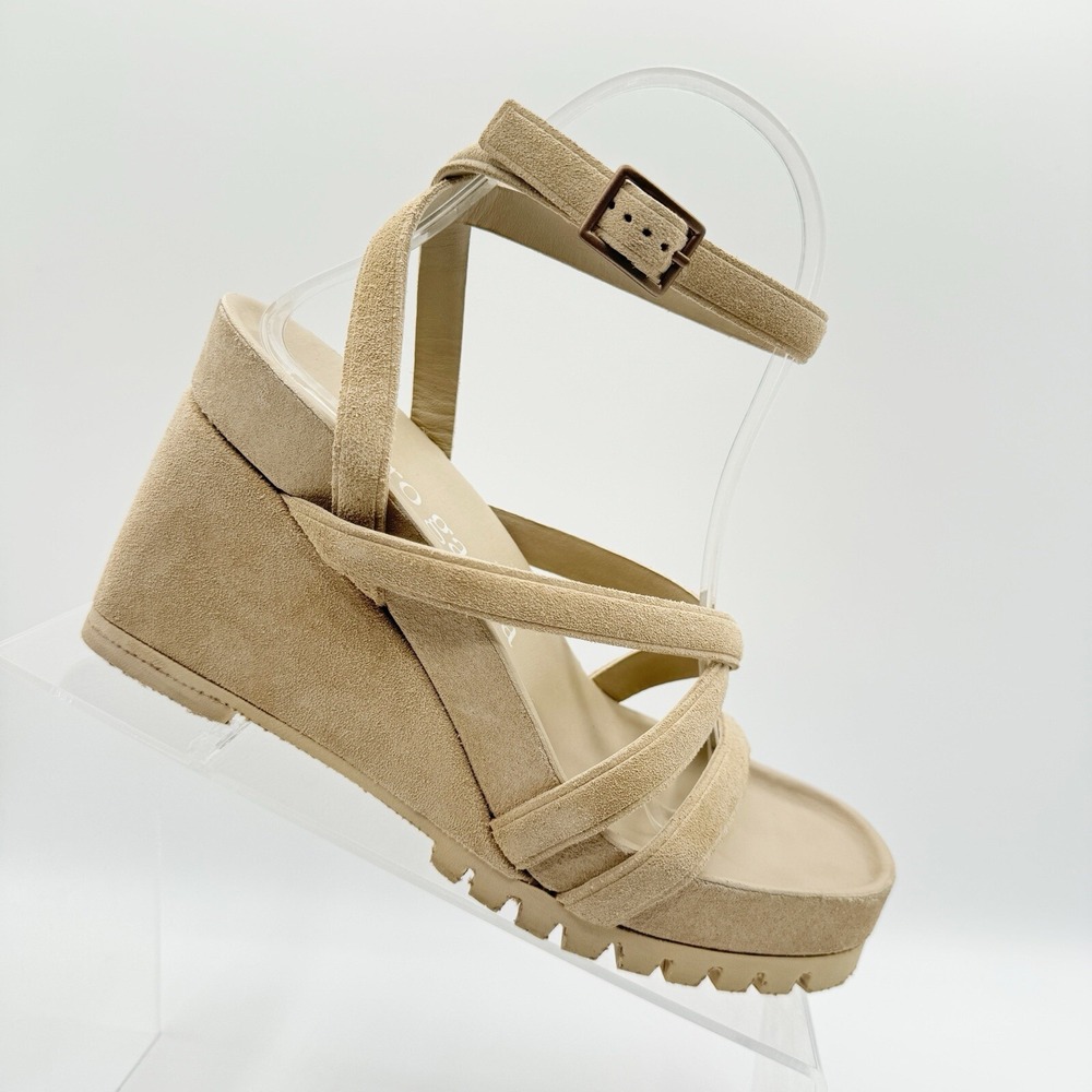 Pedro Garcia Jodie Suede Wedge Sandal Ankle Strap Heel Beige Size 35.5 5.5 $595
